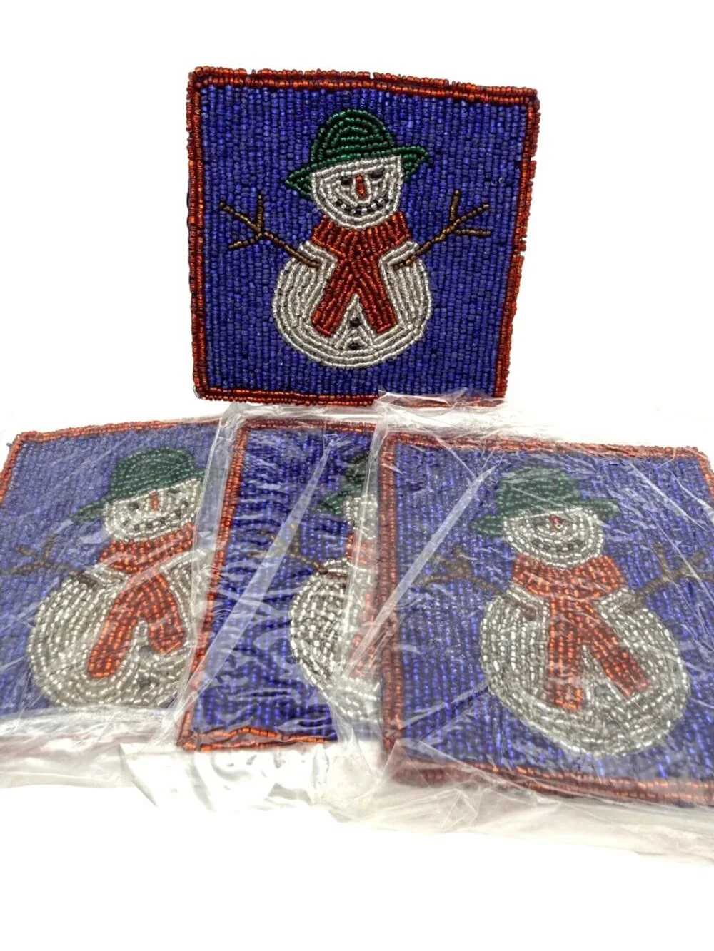 Crate & Barrel Christmas Coasters Glass Beaded Snowman 4 Silk Back Holiday Decor